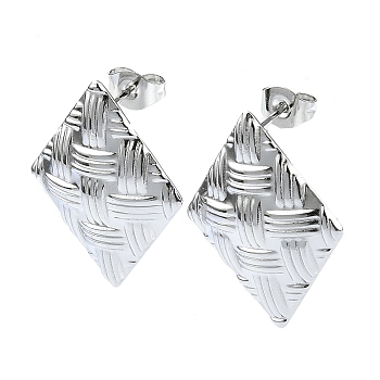 201 Stainless Steel Stud Earrings, with 304 Stainless Steel Pins, Textured Rhombus, Stainless Steel Color, 24x19mm