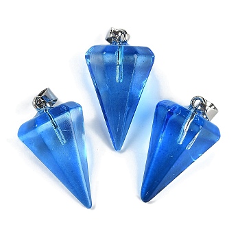 Spray Painted Glass Pendants, with Platinum Iron Loop, Cone, Blue, 26.5x15.5x13.5mm, Hole: 7.5mm