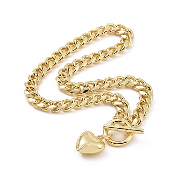 Brass Heart Pendant Necklace with Curb Chains for Women, Cadmium Free & Lead Free, Real 18K Gold Plated, 16.81 inch(42.7cm)