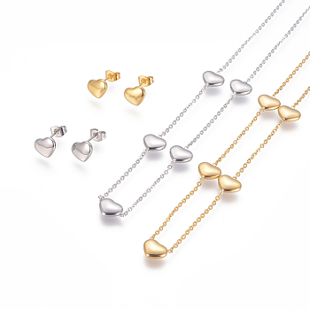 304 Stainless Steel Jeweley Sets, Pendant Necklaces and Stud Earrings, Heart, Mixed Color, 18.7 inch(47.5cm), 11x9mm, Pin: 0.7mm