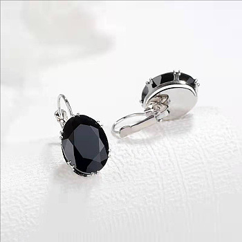 Oval Alloy Rhinestone Leverback Earrings, Platinum, Black, 20mm