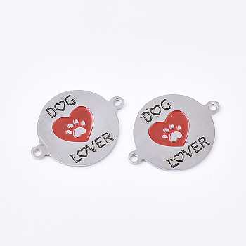 304 Stainless Steel Links connectors, with Enamel, Flat Round with Dog Footprint Lover, Stainless Steel Color, 16x21x1mm, Hole: 1mm
