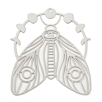 201 Stainless Steel Pendants, Etched Metal Embellishments, Moth Charm, Stainless Steel Color, 37.5x33x0.2mm, Hole: 1.2mm