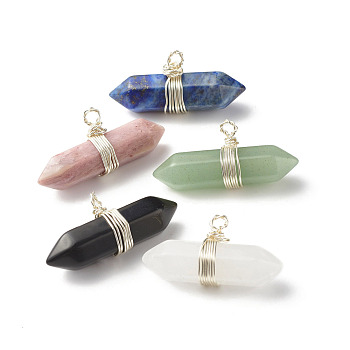 Natural & Synthetic Mixed Stone Double Terminated Pointed Pendants, with Copper Wire Wrapped, Faceted, Bullet, Silver, 17x31.5x10.5mm, Hole: 2.5mm