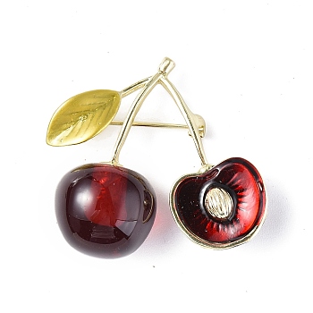 Resin Cherry Brooch Pin, Light Gold Alloy Fruit Badge for Backpack Clothes, Dark Red, 33x35x17mm
