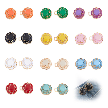 11 Sets 11 Colors Camellia Flower Alloy Enamel Adjustable Jean Button Pins, Waist Tightener, Sewing Fasteners for Garment Accessories, Mixed Color, 22x42x6mm, 1 set/color