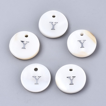 Natural Freshwater Shell Pendants, with Platinum Plated Iron Etched Metal Embellishments, Flat Round with Initial Letter, White, Letter.Y, 11x2mm, Hole: 1.5mm