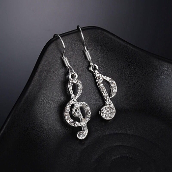 Musical Note Rhinestone Asymmetrical Earrings, Alloy Dangle Earrings, Platinum, 37~41x20mm