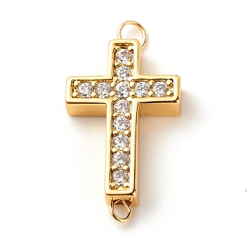 Brass Micro Pave Clear Cubic Zirconia Links Connectors, with Brass Eye Pins, Cross, Golden, 24x12.5x4mm, Hole: 3mm