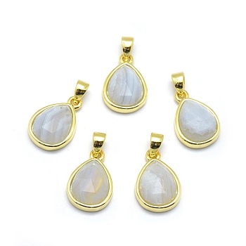 Natural Blue Lace Agate Pendants, with Golden Tone Brass Findings, teardrop, Faceted, 14.5x9.5x5mm, Hole: 2.5x3.5mm