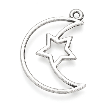 Tibetan Style Alloy Pendants, Cadmium Free & Lead Free, Moon with Star, Antique Silver, 36x25x2mm, Hole: 2mm, about 400pcs/1000g