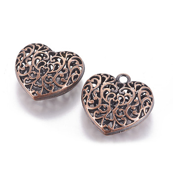 Hollow Tibetan Style Alloy Heart Pendants, Cadmium Free & Nickel Free & Lead Free, Red Copper, 50x49x16mm, Hole: 5mm