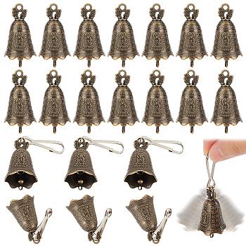24Pcs Tibetan Style Alloy Pendants, Buddhist Bell Charm with Chinese Characters, with 24Pcs Iron Keychain Clasp Findings, Antique Bronze, 38x23.5mm, Hole: 3mm