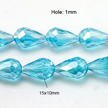 Electroplate Glass Faceted teardrop, Beads Strands, AB Color Plated, Light Blue, 15x10mm, Hole: 1mm, 50pcs/strand, 27.1 inch