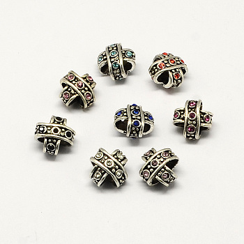 Alloy Rhinestone Cross Large Hole European Beads, Antique Silver, Mixed Color, 11x11x9mm, Hole: 4mm