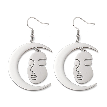 304 Stainless Steel Dangle Earrings, Moon, Stainless Steel Color, 57x34.5mm