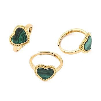 Heart Natural Malachite Adjustable Rings, Brass Ring for Women, Long-Lasting Plated, Lead Free & Cadmium Free, Golden, Inner Diameter: 18mm