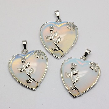 Heart Opalite Pendants, with Platinum Plated Brass Pendant Settings, 36x31~33mm, Hole: 6mm