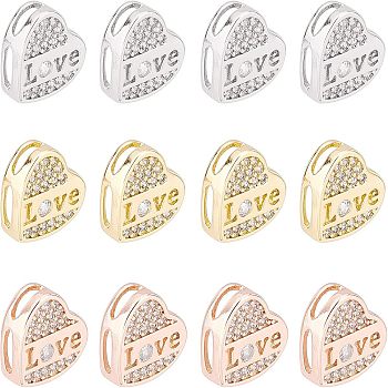 SUPERFINDINGS 12Pcs 3 Colors Brass Micro Pave Clear Cubic Zirconia Slide Charms, Long-Lasting Plated, Heart with Word LOVE, Mixed Color, 10x10.5x3.5mm, Hole: 4x1mm, 4pcs/color