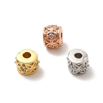 Rack Plating Brass Micro Pave Cubic Zirconia Beads, Long-Lasting Plated, Lead Free & Cadmium Free, Column with Clover, Mixed Color, 4x3.5mm, Hole: 1.2mm