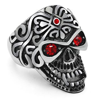 Titanium Steel Skull Finger Ring with Rhinestone, Gothic Punk Jewelry for Men Women, Hyacinth, US Size 9(18.9mm)