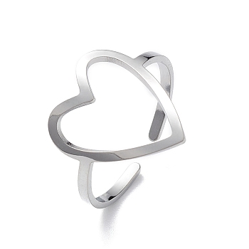 Hollow Out Heart 304 Stainless Steel Open Cuff Ring for Women, Stainless Steel Color, Inner Diameter: 19mm
