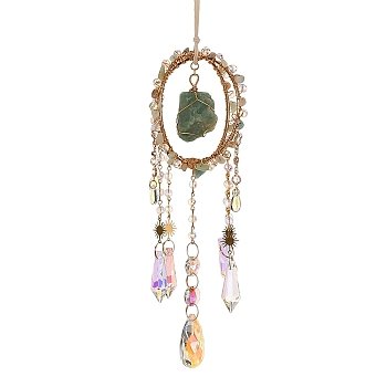 Wire Wrapped Raw Natural Amazonite Suncatcher, Iron Ring and Prism Glass Teardrop & Cone for Outdoor & Garden Decor, Golden, 410x63~65mm