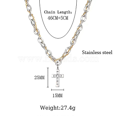 Two Tone Stainless Steel Cross Pendant Necklace with Dapped Chains(QS5537)-5
