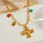 Religion 304 Stainless Steel Textured Cross and Resin Imitattion Turquoise Square Pendant Necklaces for Women, Colorful, Golden, 16.73 inch(42.5cm)(NJEW-F380-01G)