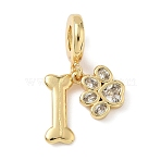 Brass Pave Clear Cubic Zirconia European Dangle Charms, Dog Bone Paw Print Large Hole Pendants, Real 18K Gold Plated, 26mm, Hole: 4.8mm(KK-D502-12G)