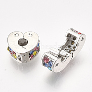 Brass European Clasps, Large Hole Beads, with Rhinestone, Heart, Platinum, Colorful, 10x11x5.5mm, Hole: 3mm(PDLC-S001-12)