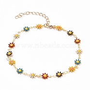 Golden Brass Flower Enamel Links Anklets, with Brass Curb Chains & Lobster Claw Clasps, Colorful, 9-1/2 inch(24.2cm)(AJEW-AN00333-01)