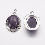 Natural Amethyst Pendants, with Platinum Tone Alloy Findings, Oval, 37x25x10mm, Hole: 4x8mm(G-K252-A04)