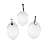 Natural Selenite Pendants, with Platinum Tone Rack Plating Brass Snap on Bails, Oval, 47~49x26~30x7~12mm, Hole: 4x6mm(G-M091-01C)