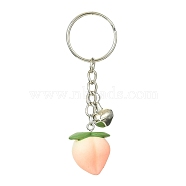 Fruit Resin Pendant Keychain, with Iron Split Key Rings and Bell Charms, Peach, 8cm, pendant: 26x22x18mm(KEYC-JKC00643-03)