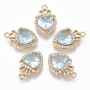 Glass Pendants, with Micro Pave Cubic Zirconia and Brass Open Back Settings, Faceted, Heart with Crown, Light Gold, Light Cyan, 17.5x11.5x5.5mm, Hole: 1.4mm(GLAA-T021-14C)