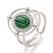304 Stainless Steel Synthetic Malachite Cuff Rings, Oval Wide Band Open Rings for Women Men, Stainless Steel Color, 16x18.5mm, Inner diameter: Adjustable.(G-Z056-04P-03)