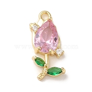 Brass Pave Clear Cubic Zirconia Pendants, Tulip, Pink with Green, Real 14K Gold Plated, 20.5x9.5x4mm, Hole: 1.4mm(KK-G499-12G)