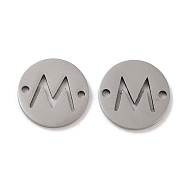 201 Stainless Steel Hollow Flat Round Links, Letter Connector Charms, Stainless Steel Color, Letter M, 12x1mm, Hole: 1.2mm(FIND-R149-03M-P)