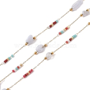 Natural Agate Link Chains, with Glass Seed Beaded and Ion Plating(IP) Real 18K Gold Plated  316 Stainless Steel Chain, Soldered, with Spools, Real 18K Gold Plated, 12~14x2.5~4x3~4mm(CHS-C012-03A-G)
