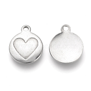 201 Stainless Steel Charms, Flat Round with Heart, Stainless Steel Color, 15x12x1.5mm, Hole: 1.5mm(STAS-Q202-VC048-2)