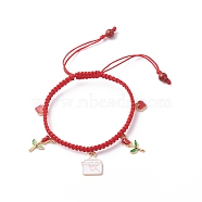 Heart Envelope Rose Alloy Enamel Charm Bracelet, Braided Adjustable Bracelet for Valentine's Day, Red, Inner Diameter: 2-1/8~3-1/4 inch(5.4~8.2cm) (BJEW-JB08682-02)