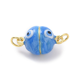 Brass Magnetic Clasps, with Enamel, Round with Evil Eye, Real 18K Gold Plated, Dodger Blue, 16x10mm, Hole: 3mm(ZIRC-F136-10G-06)