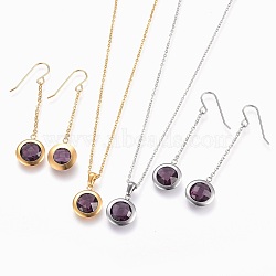 304 Stainless Steel Glass  Pendant Necklaces and Dangle Earring Jewelry Sets, Flat Round, MediumPurple, Mixed Color, 17.7inches(45cm); 59mm; Pin: 0.8mm(SJEW-L193-03)