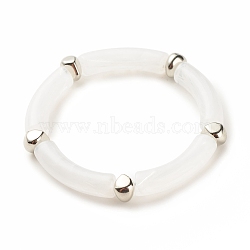 White Acrylic Curved Tube Chunky Stretch Bracelet with CCB Plastic for Women, Platinum, Inner Diameter: 2 inch(5.1cm)(BJEW-JB08126-01)