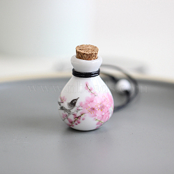 Porcelain Flower Pattern Perfume Bottle Pendant Necklace, Essential Oil Vial Jewelry for Women, Pink, 18.50~27.56 inch(47~70cm)(BOTT-PW0002-006E)