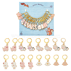 Animal Alloy Enamel Pendant Stitch Markers, Crochet Leverback Hoop Charms, Locking Stitch Marker with Wine Glass Charm Ring, Pig/Chick/Duck/Cow, Mixed Color, 2.8~3.6cm, 16pcs/set(HJEW-AB00463)