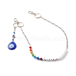 304 Stainless Steel Chain Decorations, with Lampwork & Acrylic & Brass Beads,  Alloy Swivel Clasps with Iron Key Rings, Evil Eye, Platinum, 24.02 inch(61cm)(HJEW-JM00519)