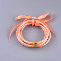 PVC Plastic Buddhist Bangle Sets, Jelly Bangles, with Glitter Powder and Polyester Ribbon, Coral, 2-1/2 inch(6.3cm), 5pcs/set(BJEW-T008-09A)