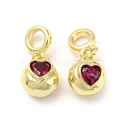 Brass with Cubic Zirconia Pendant, Heart, Medium Violet Red, 23.5x11x9mm, Hole: 5mm(FIND-Z023-20C)